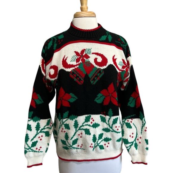 Vintage Christmas Sweater Cabin Creek Women LP Poinsettia Jingle Bells Retro - Picture 1 of 6